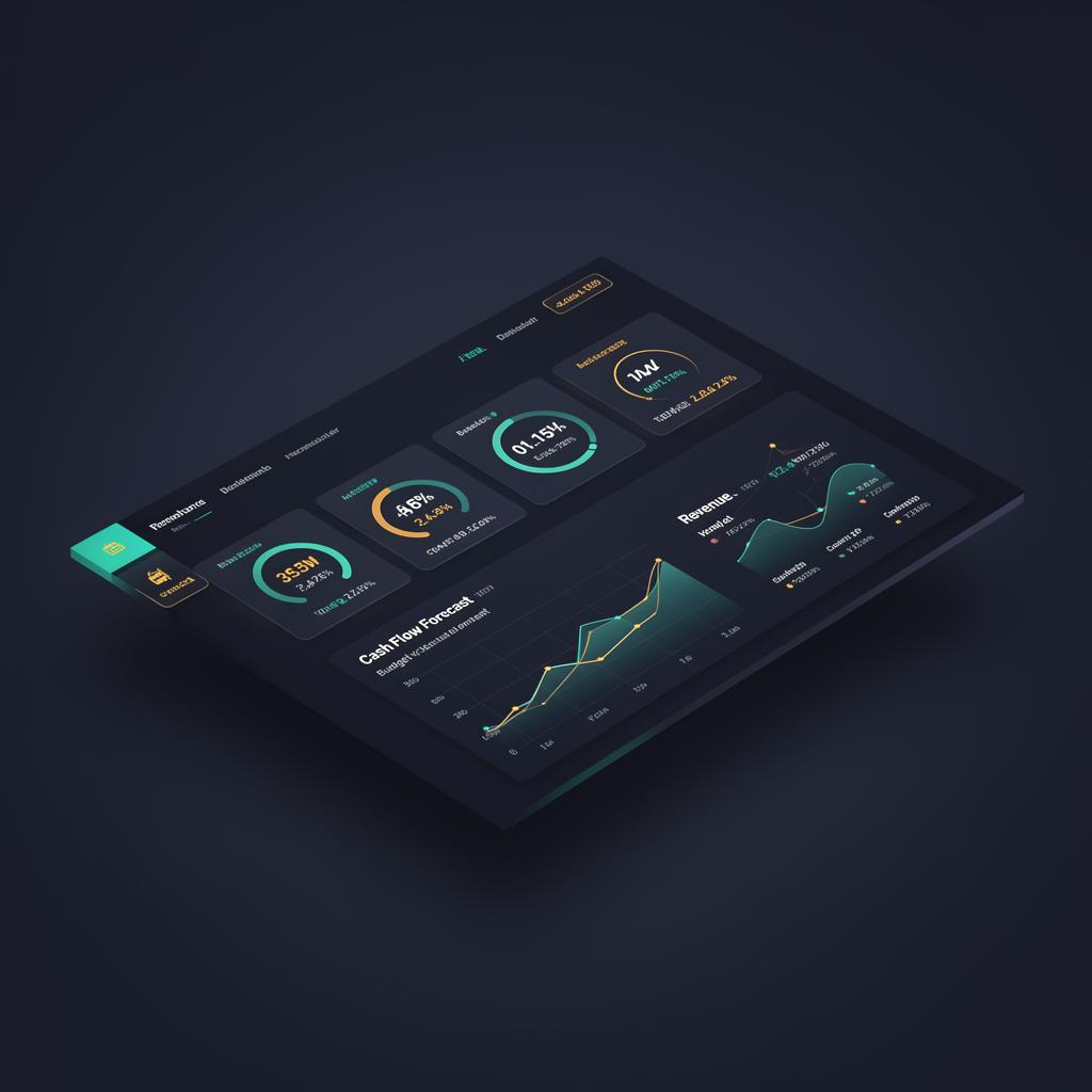 Modern financial dashboard mockup showing KPIs, cash flow and revenue forecast